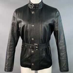LOUIS VUITTON Size S Black Pebble Grain Bullhide Leather Zip Snaps Belted Jacket